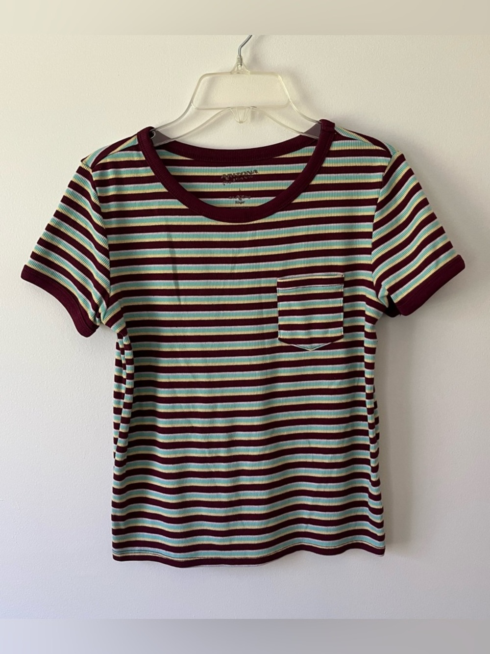 Striped Ringer Pocket T-Shirt Large Arizona Jean Co Short Sleeve Maroon